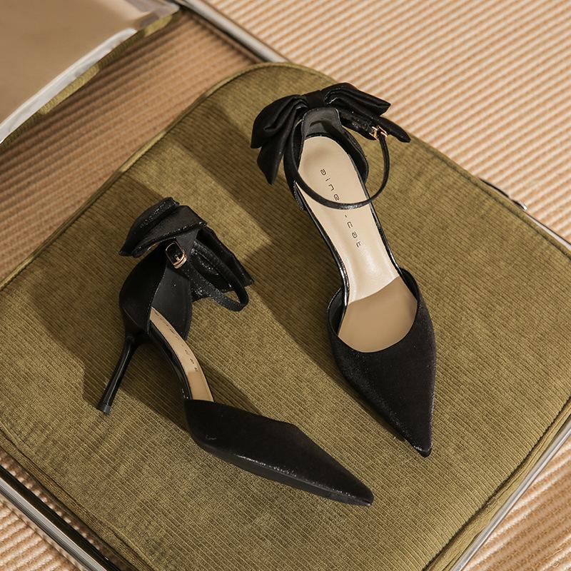 82329 [sheepskin] high heels women's thin heels 2025 new pointed one-word with temperament bow single shoes