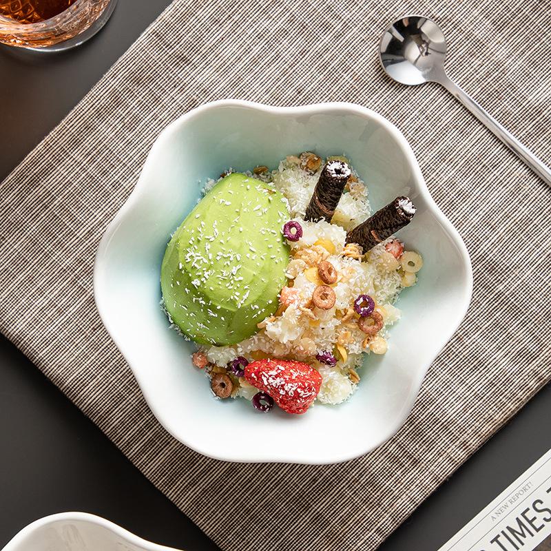 Tall Lotus Leaf Bowl Hotel Restaurant Household Tableware Ceramic Bowl High Temperature Firing Creative Fruit Dessert Salad Bowl