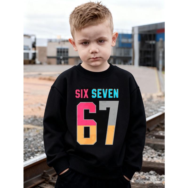 Kids Over 4Y Color Block Number 67 Print Sweatshirt Unisex Boys Girls Contrast Letter Crewneck Long Sleeve Sweat Top For 4-12 Years Old Children