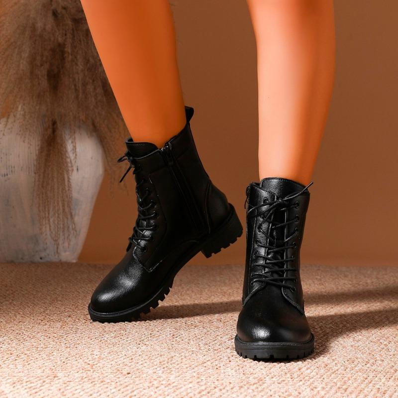 Cizme moderne din piele PU neagră pentru femei, toamnă-iarnă, cu șireturi, cu platformă, botine până la gleznă, cu fermoar, cu pluș scurt, pentru femei
