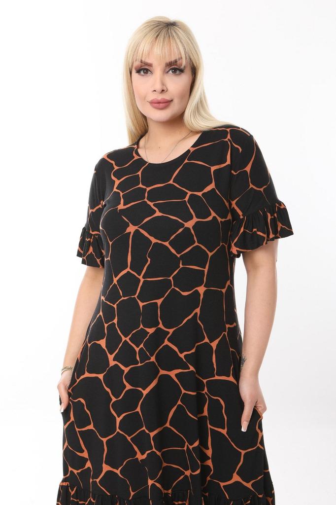 Damen Übergröße Kleid Plus Size Schwarz Steinmuster Taschenkleid mit Rüschenärmeln und Rock