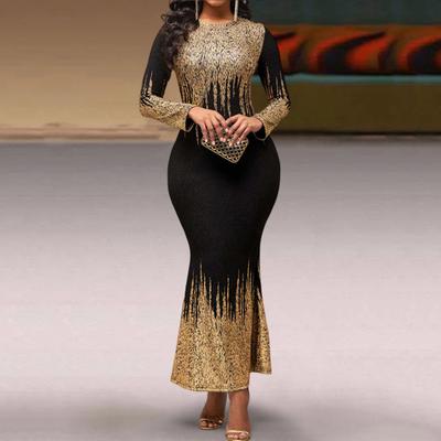 Herbst Winter Damen Bodycon Kleid Heißprägung Print Rundhalsausschnitt Elegant Schlanke Passform Fischschwanz Langes Kleid für Abschlussball Hochzeitsparty