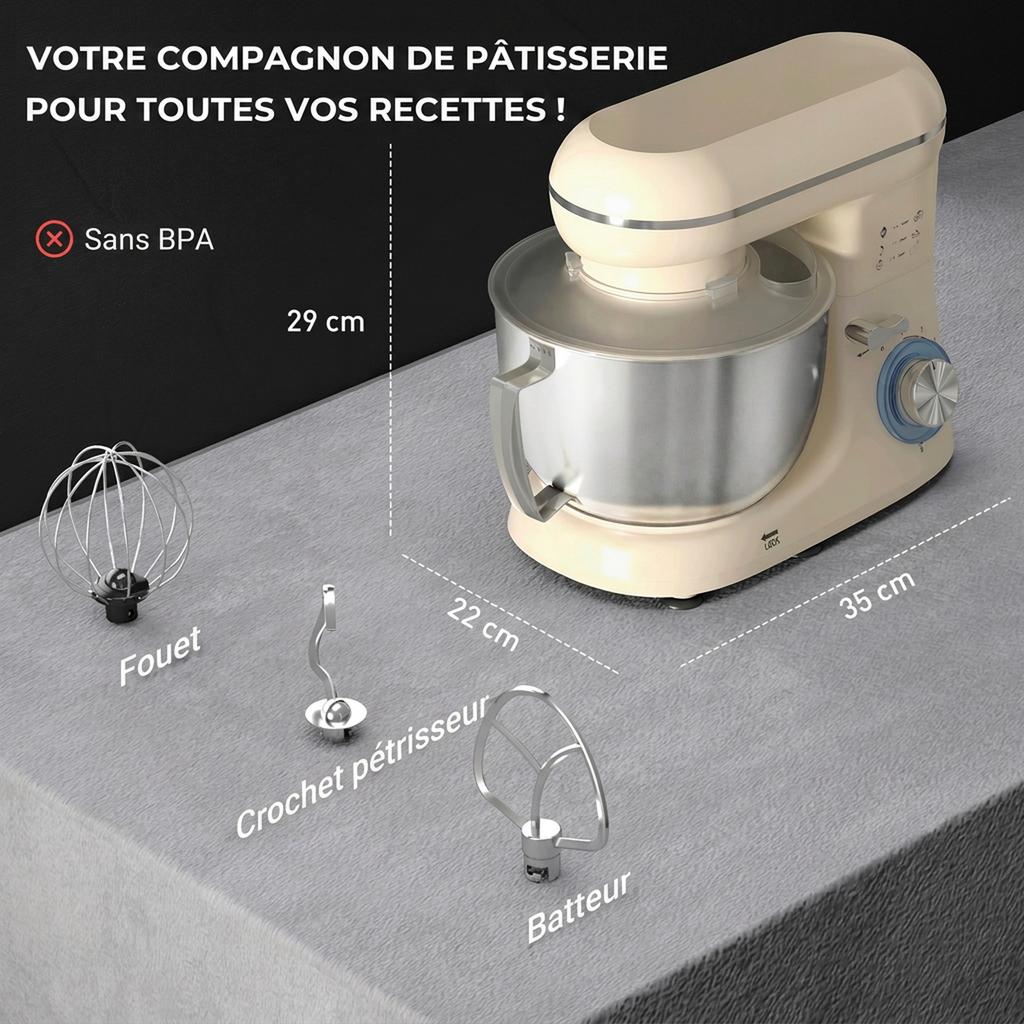 Stand Mixer, 1300 W, 4.5 L, Dough Hook, Stainless Steel Bowl, 6 Speeds and Pulse, Beige