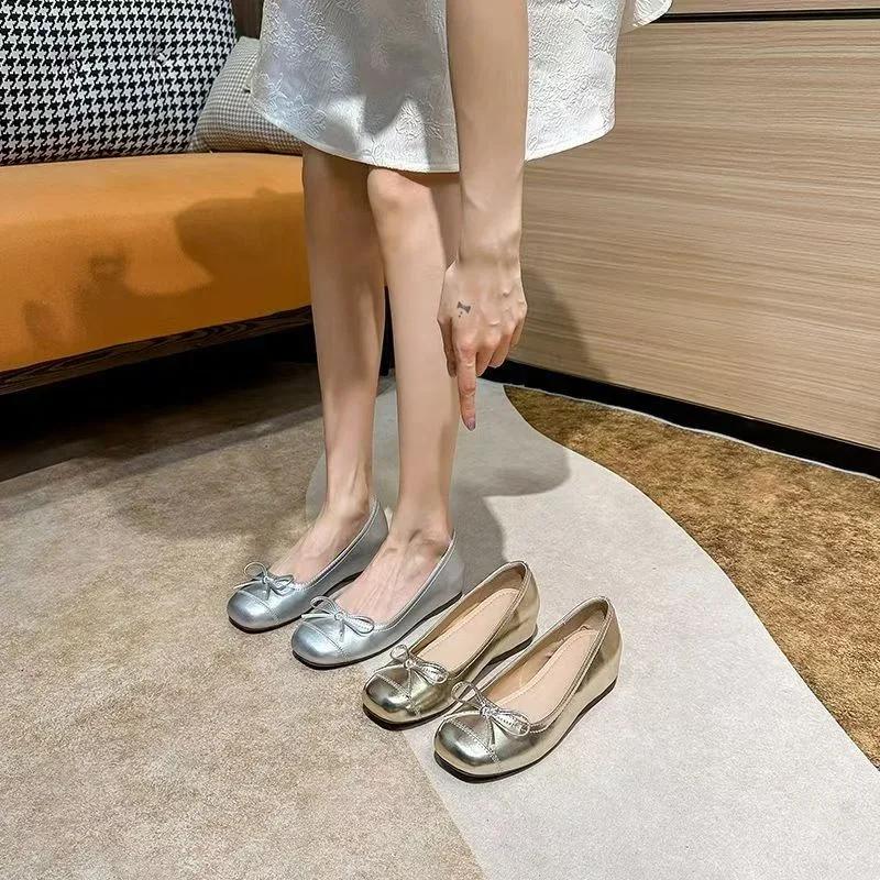 Fashion 2025 New Gold Silver Elegant Bowknot Round Toe Women's Flat Comfort Slip-On Ladies Ballerina Single Mules Shoes Zapatos Mujer