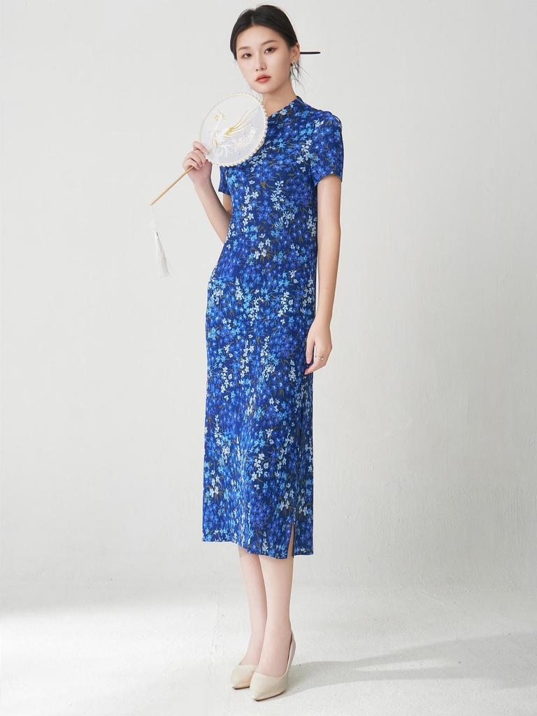 Miyake Retro Elegant Print Stand Collar Mid-Length Qipao