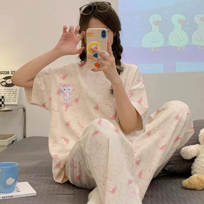 Summer Cool Soft Cute Cartoon Crayon Small New Pajamas Women's Round Neck Short-sleeved Trousers Set Skin-friendly Outer Loungewear