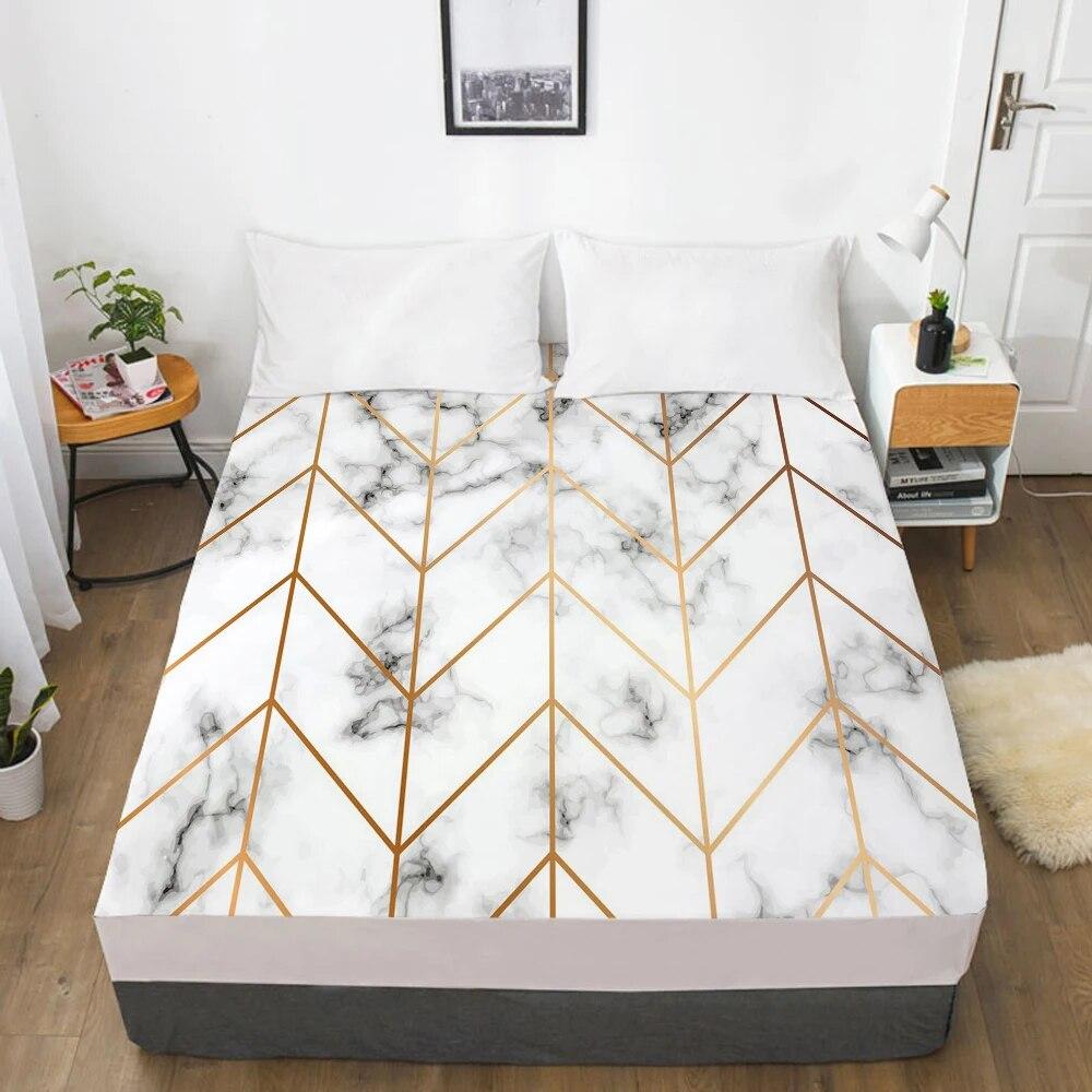 Κάλυμμα Στρώματος Σεντόνι με Λάστιχο Σεντόνια Κλινοσκεπάσματα Λευκά Είδη Queen King Size Σεντόνι 90/160X200CM Μάρμαρο Γεωμετρία