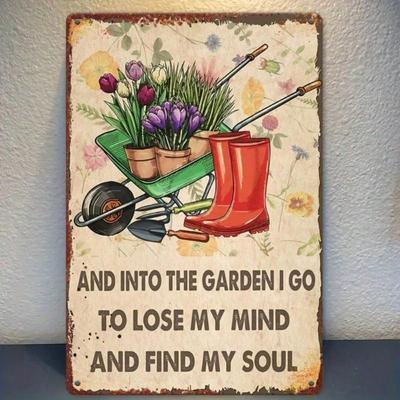 Garden Signs Outdoor Vintage Metal Wall Art 20x30 Inch, Rustic Iron Yard Decor with Colorful "Into the Garden I Go" Design for P