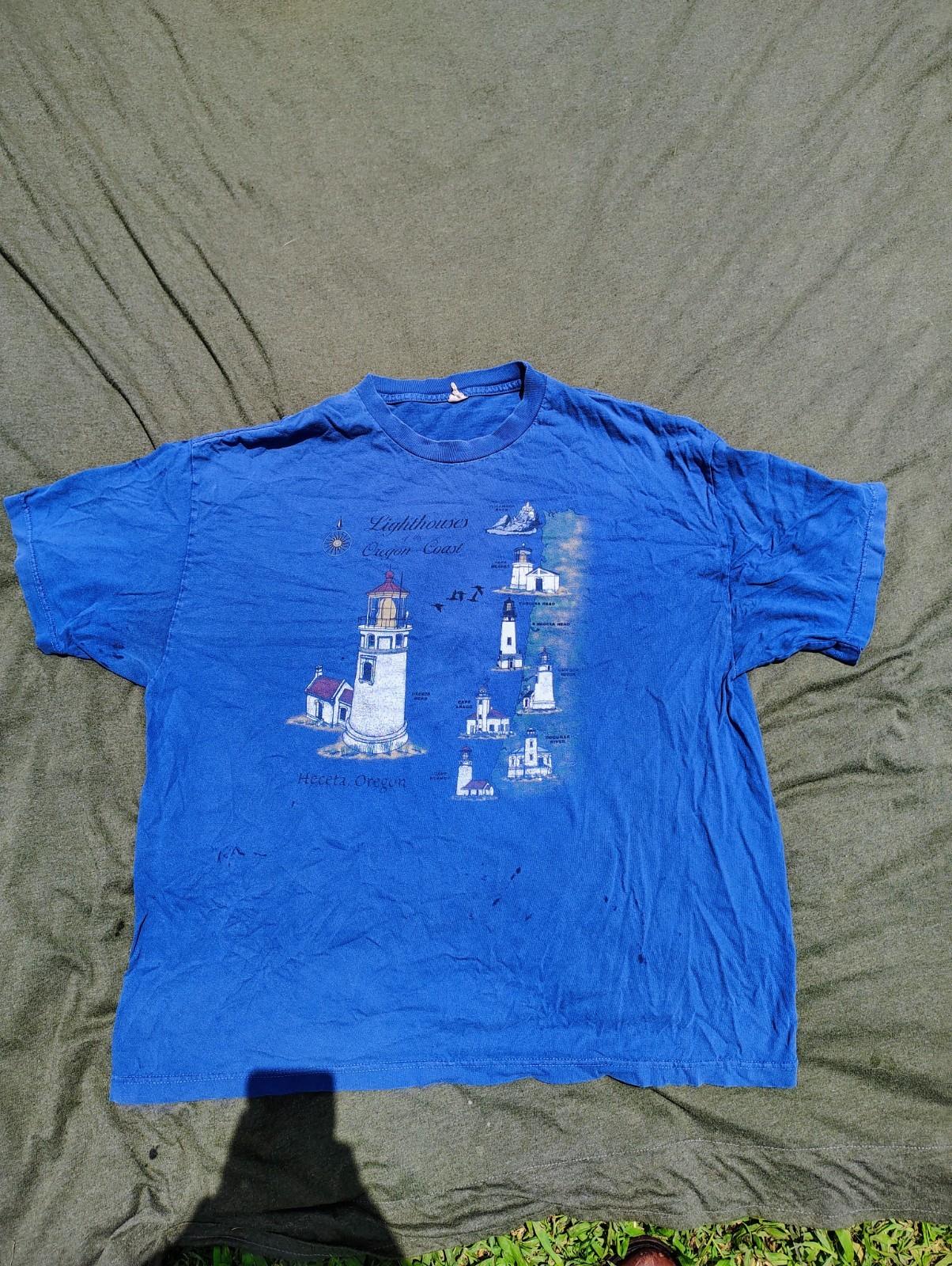 Vintage Oregon Lighthouse T-Shirt Blue Mens 2XL Ocean Fishing Heceta Retro S