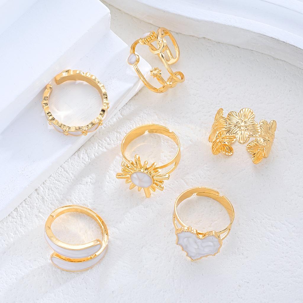IF ME 6-Piece Fashionable Heart-Shaped Sun-Moon Sunflower Geometric Irregular Glitter Drip Ring Set Women's Holiday Party Jewelry