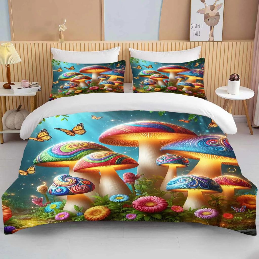 Super Vibrant Neon Psychedelic Mushrooms Print Bedding Set 1 Duvet Cover 1/2 Pillowcases Adult and Children Bedding Set Luxury