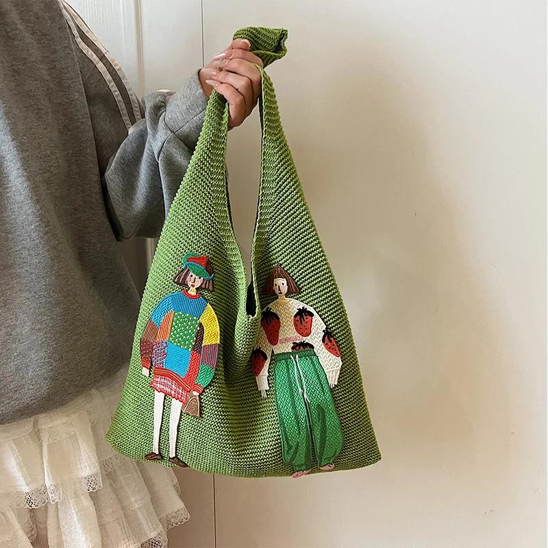 Cartoon Girl Pattern Knit Shoulder Bag,Hollow Mesh Lightweight Laid-Back Women Handbag,Summer Beach Vacation Chic Shopping Bag