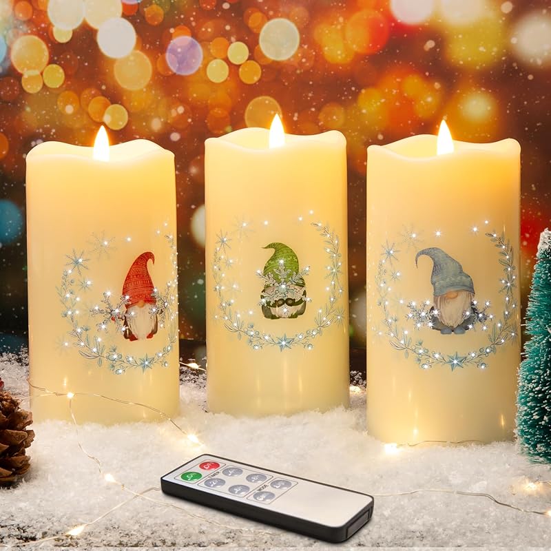 Eywamage Fiber Optic Flameless Candles with Remote, Cardinal Gingerbread Candy Canes Candles Flickering LED Pillar Candles Set of 3