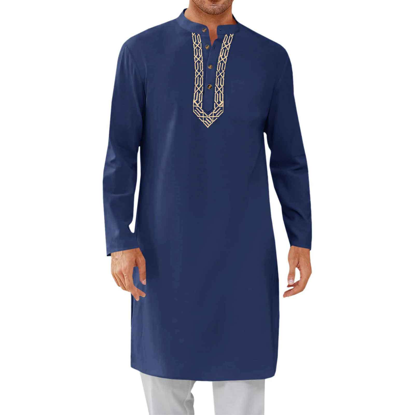 

Fashion Muslim Long Robe Men Arabic Style Embroidery Design Islamic Traditional Clothing Comfortable Breathable Jubba Thobe L темно-синього кольору