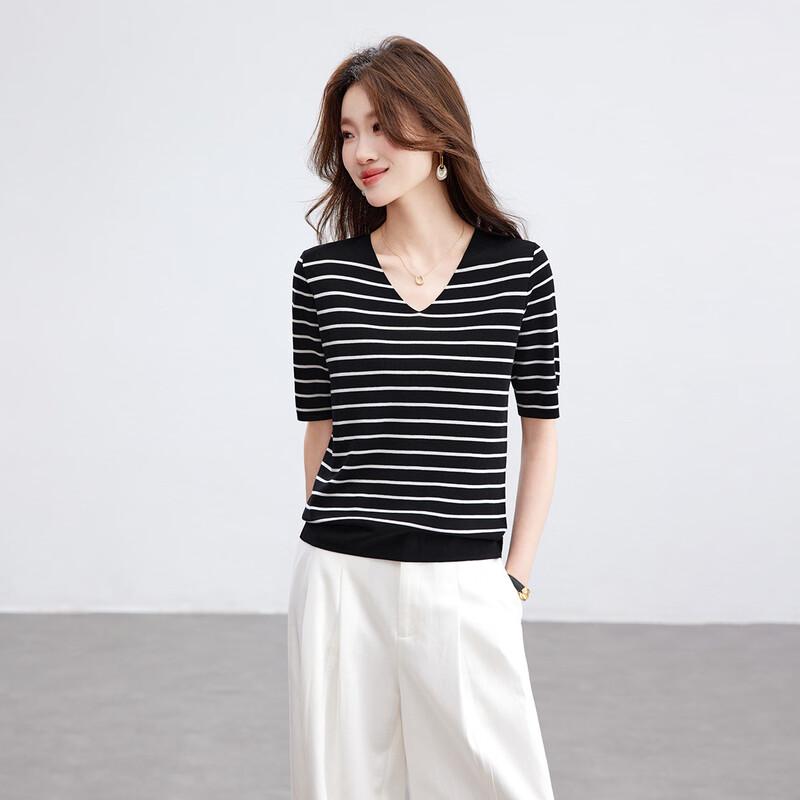 Srcr Women s 30% Silk Classic Stripe V-Neck Knit T-Shirt M