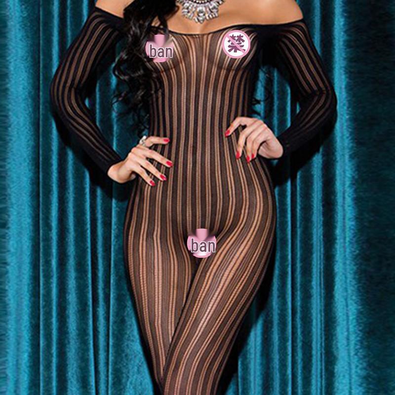 European & American Vertical Stripe Open Crotch Bodysuit - Quick Release Erotic Lingerie