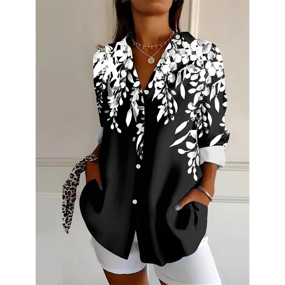 New Summer Fashion Women's Lapel Shirt Big Size Button Long Sleeve Daily Weekend V Neck Tops Floral Printed Loose Casual Shirt