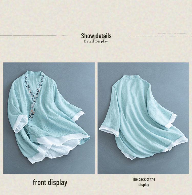 Damen V-Ausschnitt Bestickter Baumwoll-Leinen Cardigan, Neuer Literarischer Stil Sommer 2024, Halbarmhemd