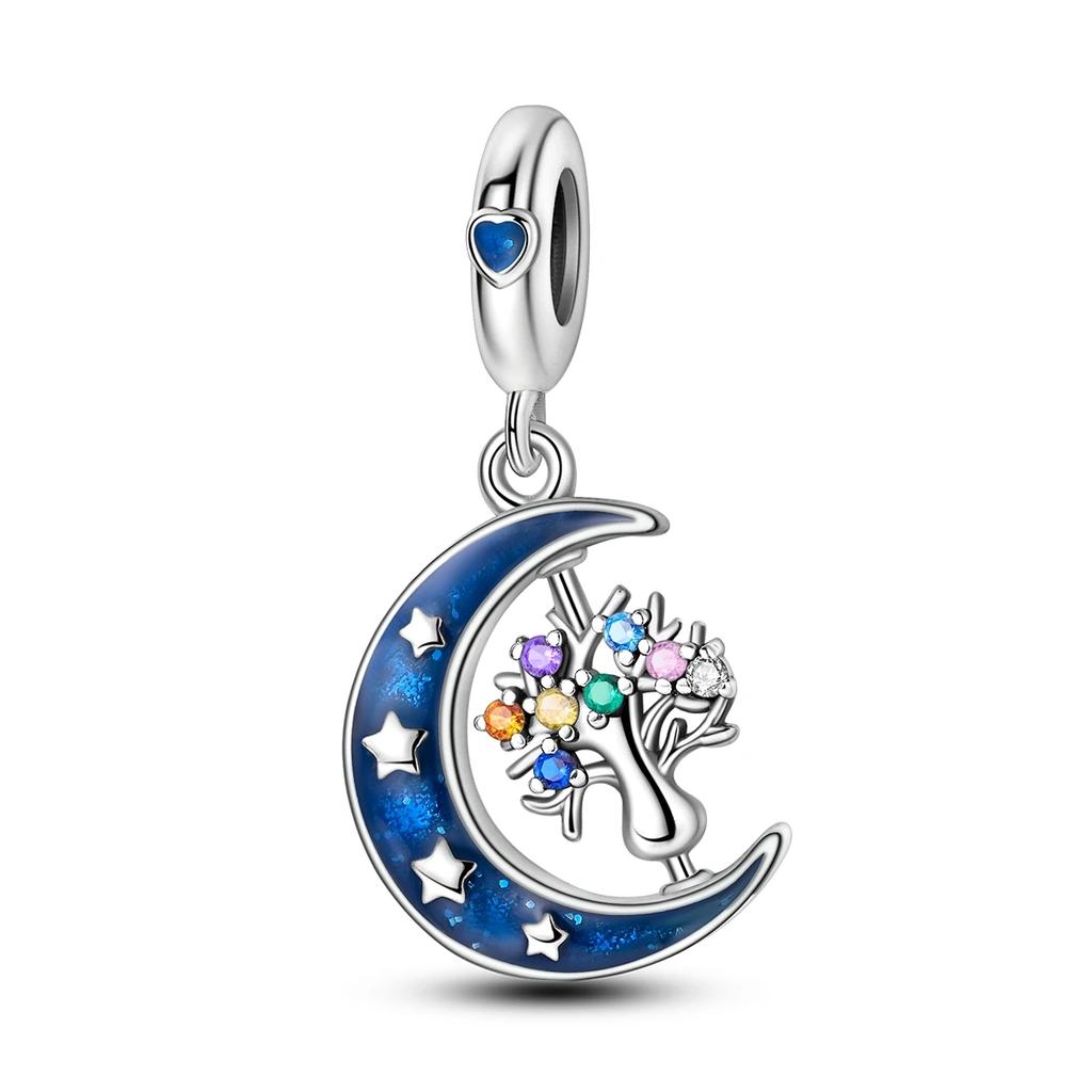 Pingente Charme Contas Cobre Lua Azul Forma de Estrela Árvore do Mundo Pingente Contas Compatível Com Pingentes Charme Prata Pulseiras Autênticas Pingente Contas W