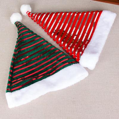 Christmas Hats With Shiny Stripes Red & Green Velvet Santa Caps Festive Headwear Decoration