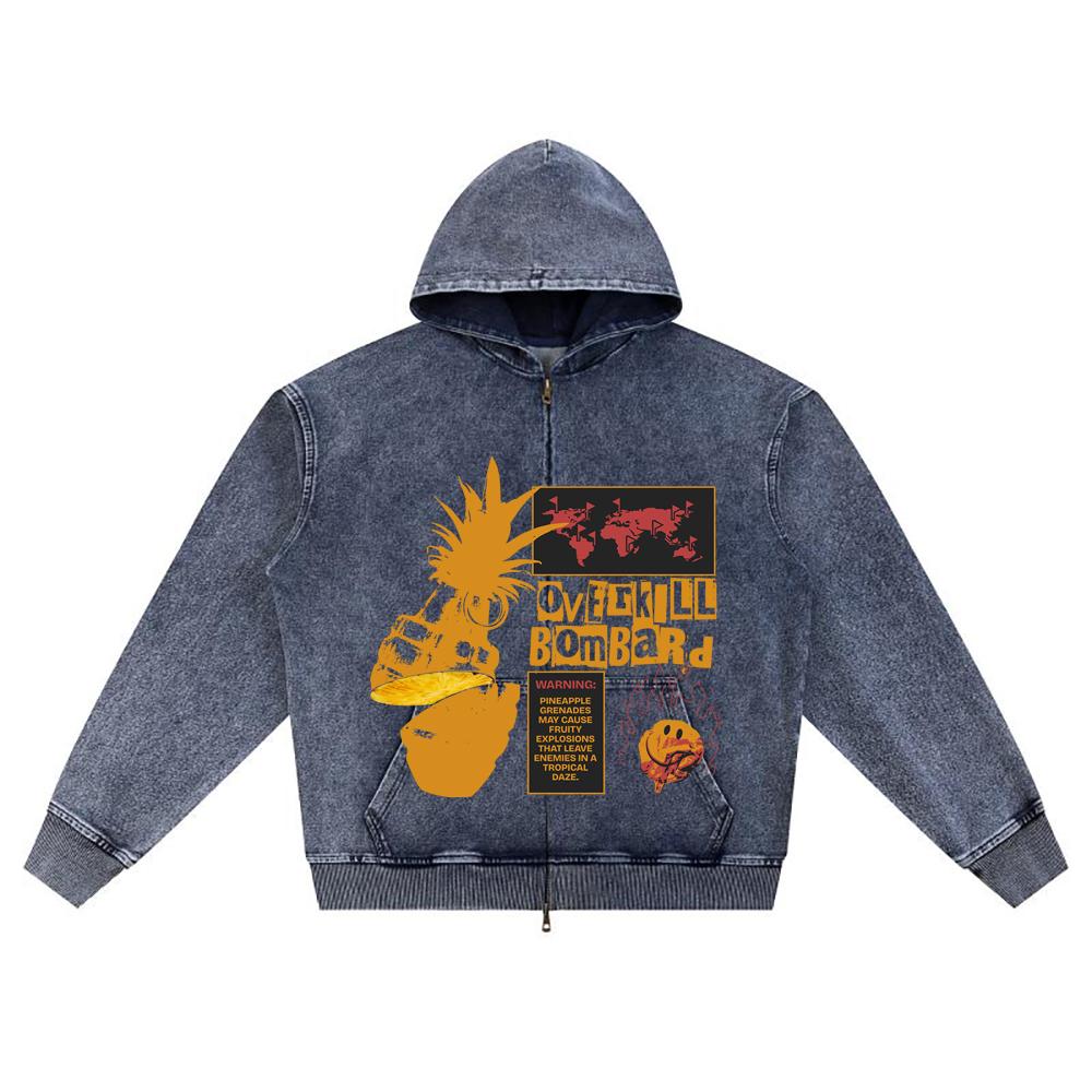 DTG Print Knitted Denim Zip-Up Hoodie Overkill Brother Print Zipper Hoodies  