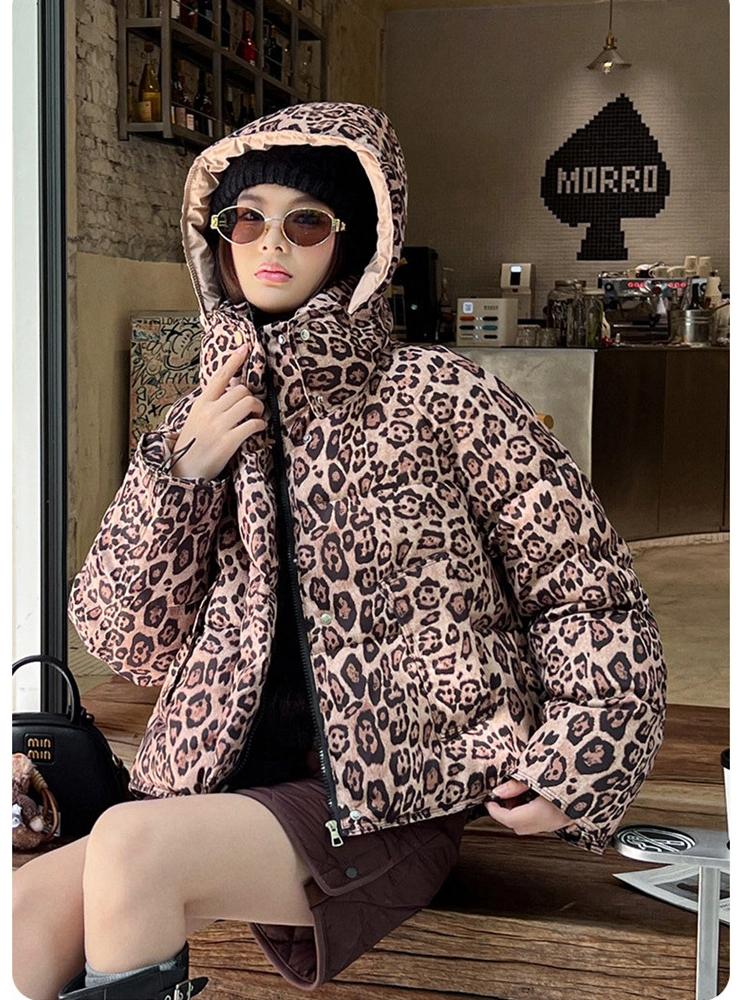 Women's Thickened Short Detachable Hood Leopard Print Jacket