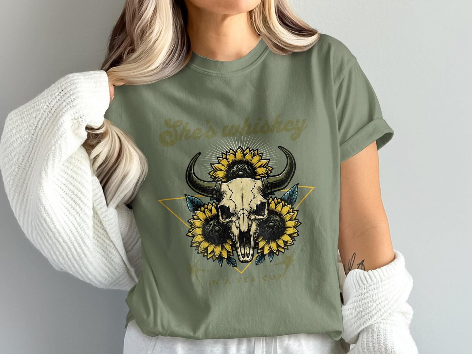 Whiskey In A Teacup T-Shirt, Cow Skull Sunflower Graphic Tee, Boho Grunge Western Shirt L