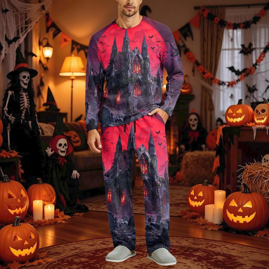 Men's Halloween Pajama Set Long Sleeve with Buttoned Crotch and Elastic Drawstring Waist Sleepwear