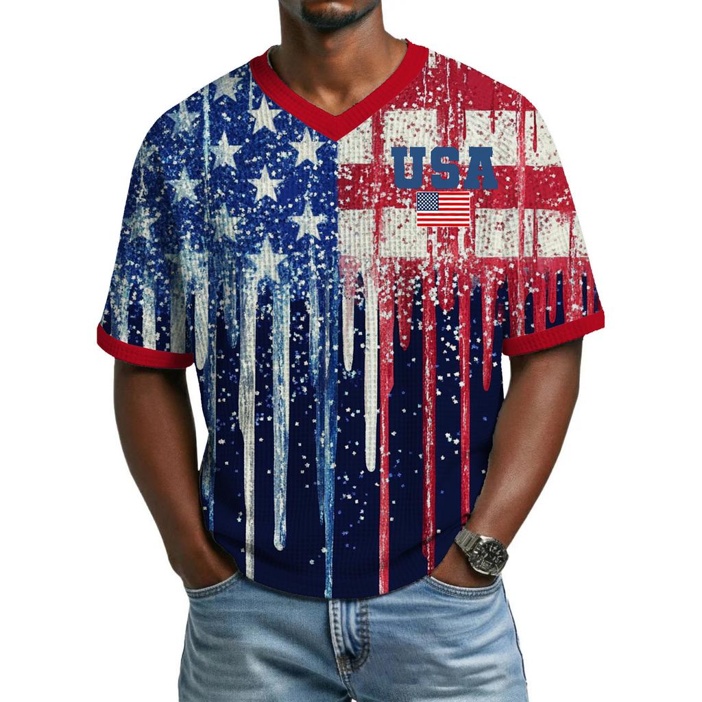 Men's Casual And Fashionable Flag-color Printed Short-sleeved Shirt. Men's Breathable V-neck Short-sleeved Shirt.