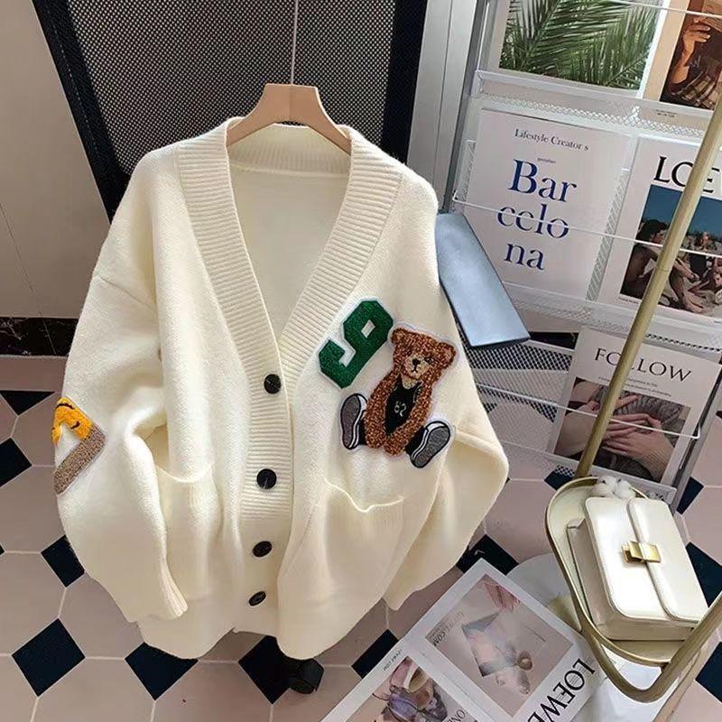 Cartoon bear knitted cardigan autumn and winter new loose and thin college style versatile age-reducing sweater jacket women