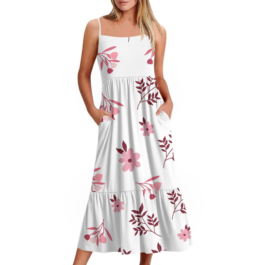 Women's Long Beach Casual Elegant Spaghetti Strap Maxi Dress Floral Low-key Flowing Bohemian Dress