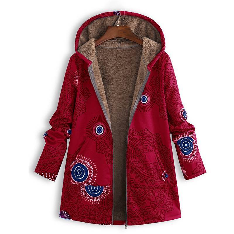 Giacca da donna con cappuccio taglie forti con stampa floreale vintage in peluche composito spesso con cerniera a maniche lunghe