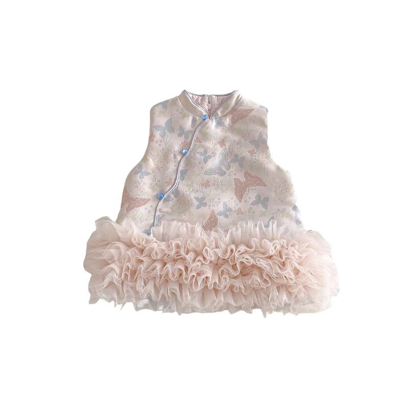 2025 Girls' Chinese Style Layered Winter Dress with Oblique Collar - Retro New Year Outfit