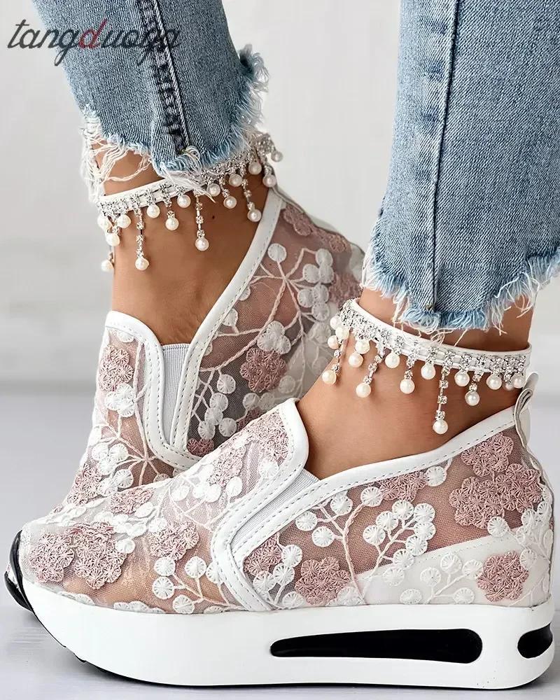 Women Sneakers 2024 Platform Wedge Embroidery Mesh Sneakers Women Slip On Casual Comfy Heeled Shoes for Women Zapatos De Mujer
