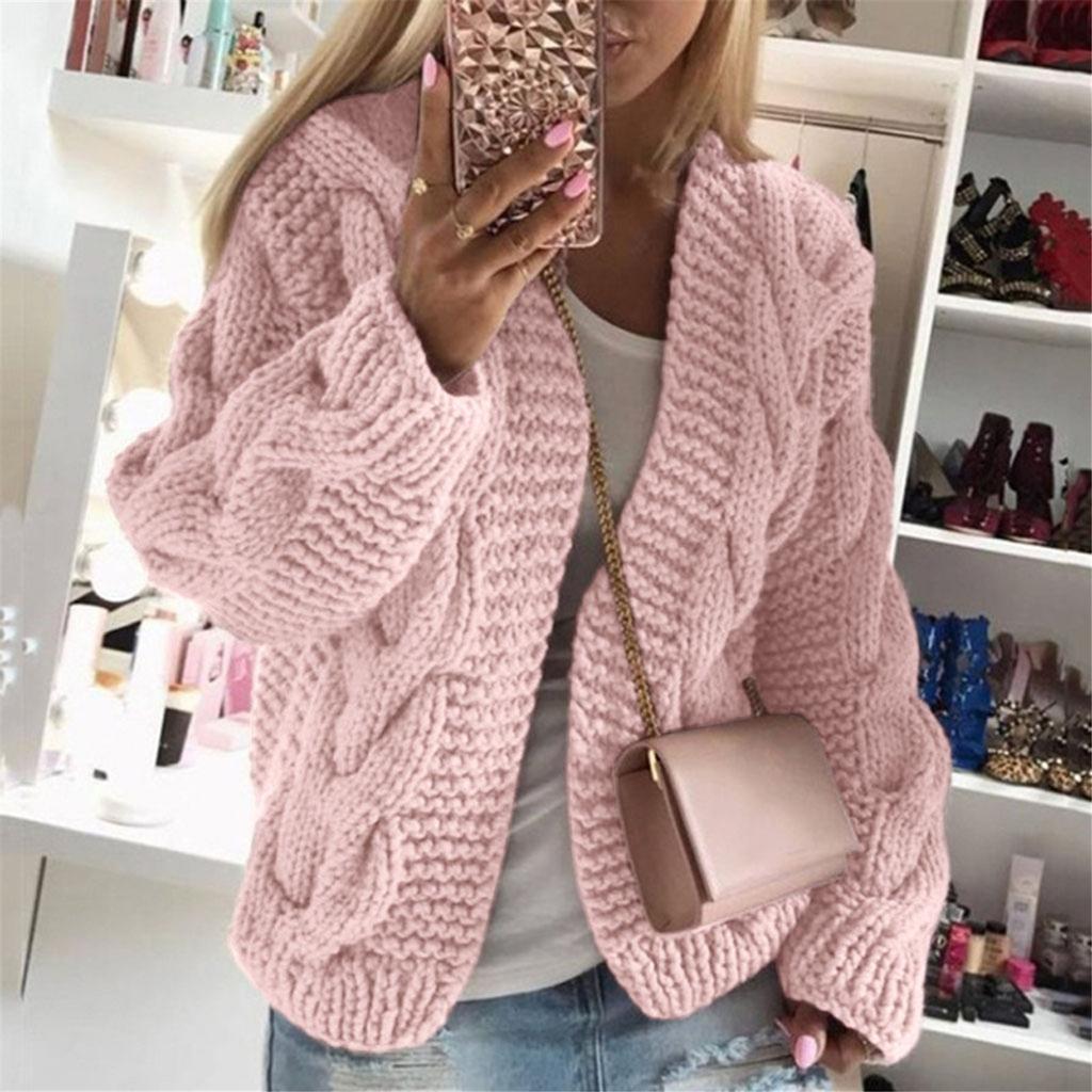 Women Knit Pocket Cardigan Long Sleeve Sweater Causal Loose Sweater Coat Outwear