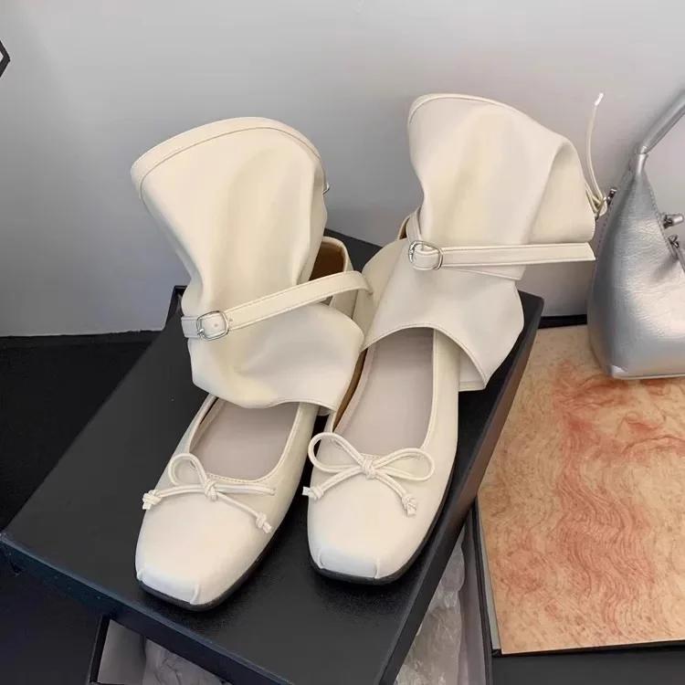 Fashion Retro Square-Toe Mary Jane Shoes - Women's Milk-White Bow Strappy Flats