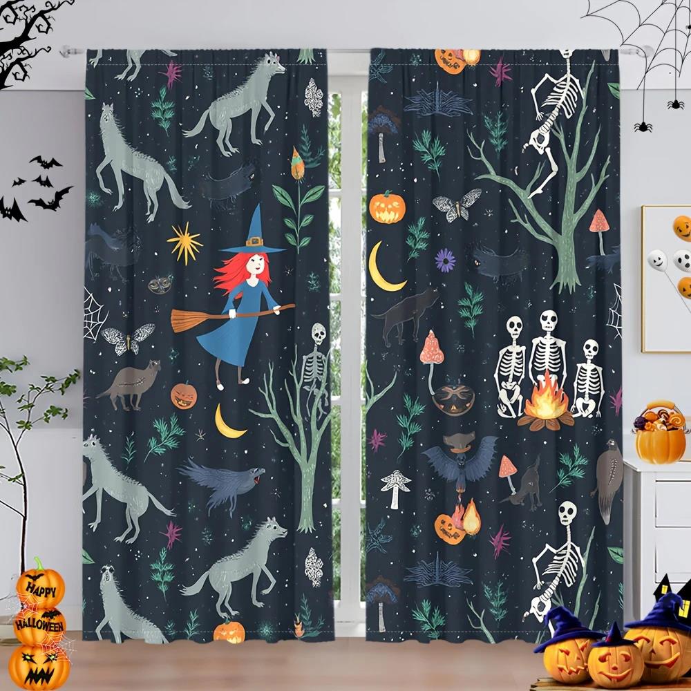2pcs- Halloween Witch and Skeleton Forest Printed Curtains, Pole Bag Home Decorations, Room Decorations