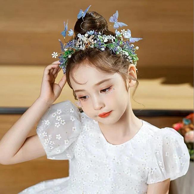Bridal Hair Accessories Children'S Show Headgear Mori Fabric Flower Crown Colorful Crystal Alloy Leaf Butterfly Headband