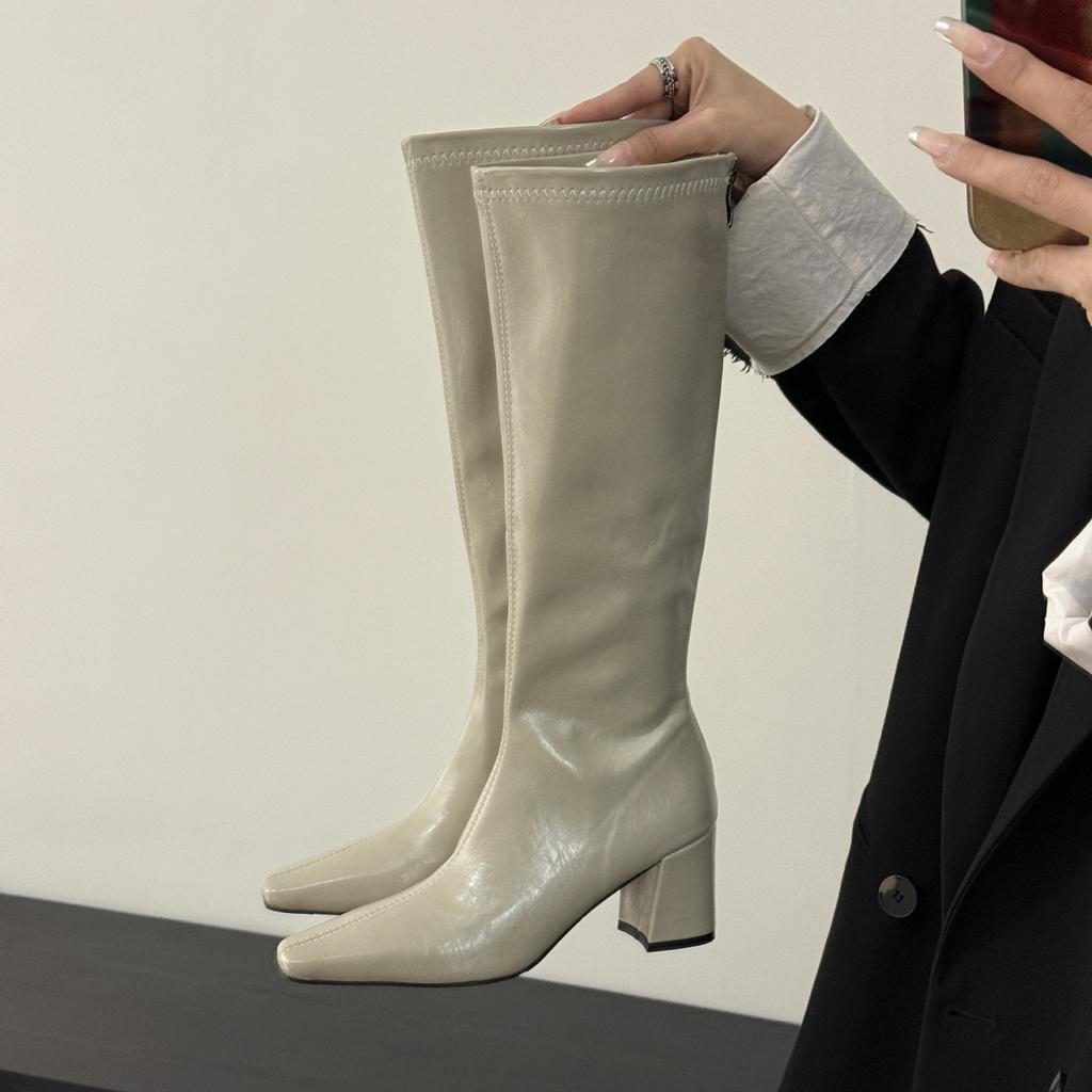 2025 New Niche Square Head Korean Version of Thick Heel High Boots, Thin High Heel Heightened Rear Zipper Boots, Knight Boots