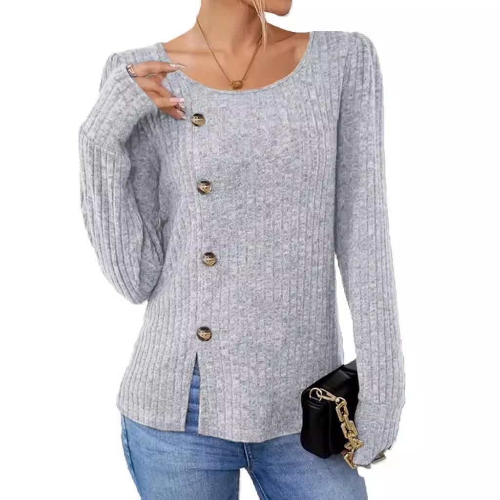 Autumn/Winter Women's Solid Color Round Neck Button Long Sleeve Loose T-Shirt
