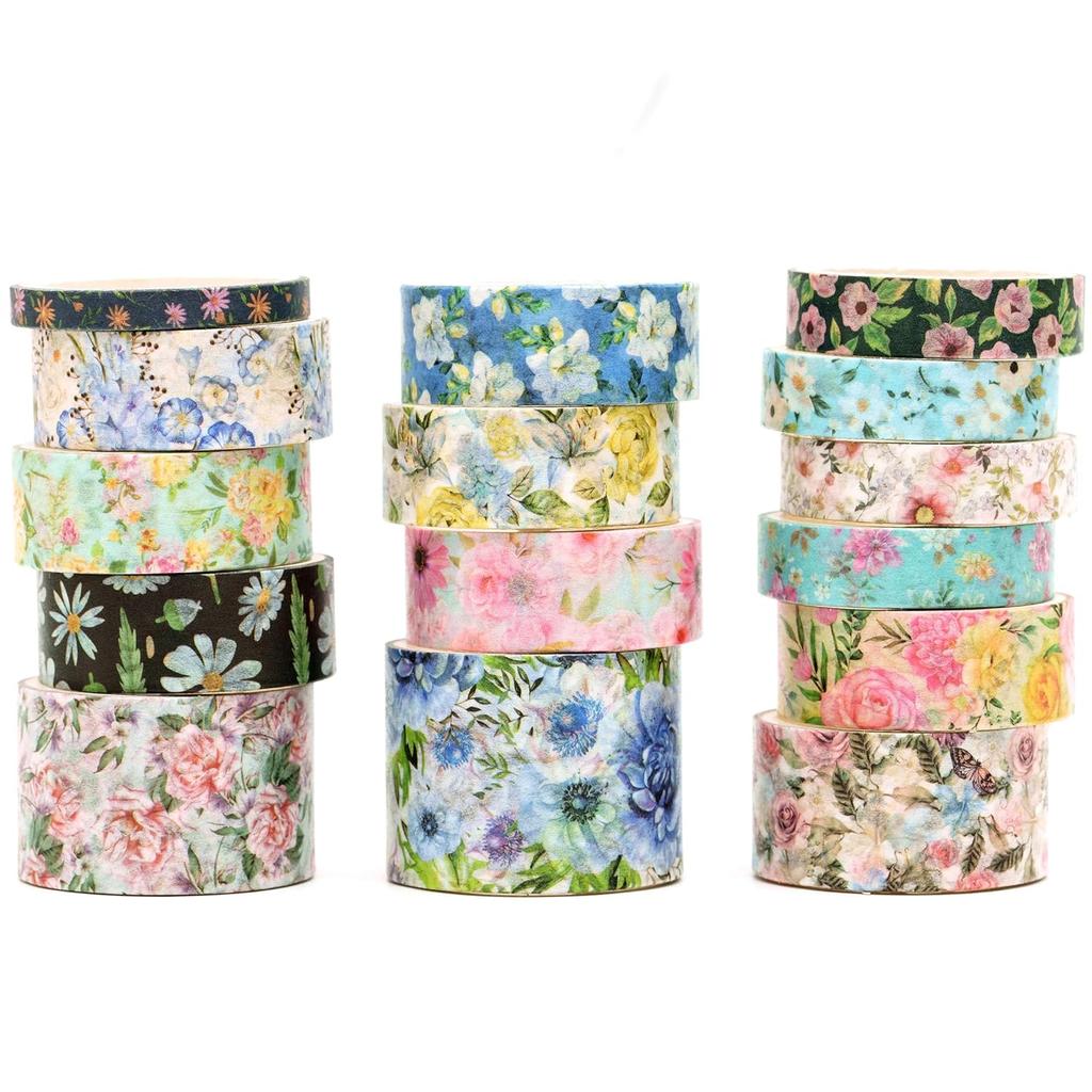 Floral Washi Tape Set - 15 Rolls Flowers Arts Adhesive Tapes Garden Blooms Decorative Stickers Masking Tape Sets for Craft A3270
