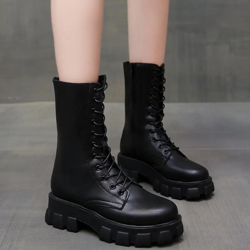 2024 Winter Shoes Women White Boots Autumn Fashion PU Leather Platform Gothic Boots Punk Combat Mid-Calf Boots For Women Booties