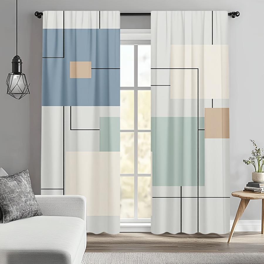 2PCS Digital Printed Curtains, Minimal Geometric Pattern, Artistic Pattern Window Drapes for Living Room Bedroom Decor