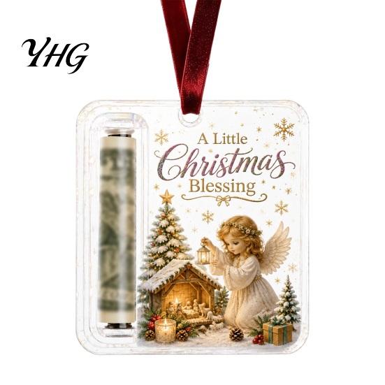 Christmas Cash Gift Ornament Holder Ornament, Acrylic Angel Santa Cat Money with Lanyard for Xmas Tree, Holiday Party Hanging Decoration Clear