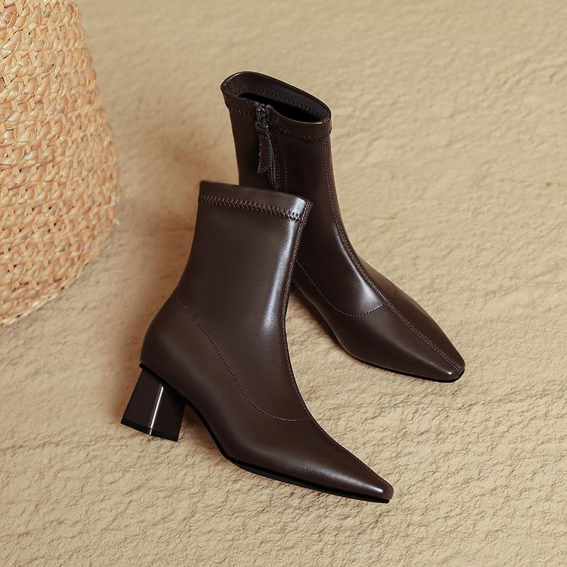 High-heeled short boots women's spring and autumn single boots 2025 new small square head thick heel thin boots brown French medium boots