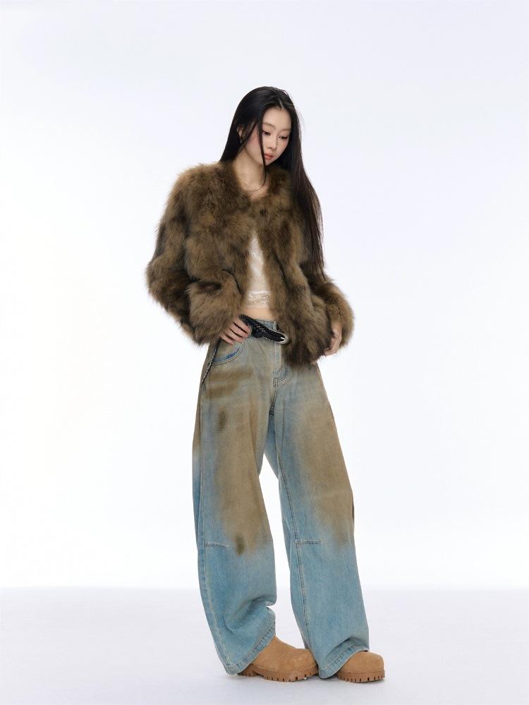 Damen Y2K Retro Weitbeinige Abgewetzte Jeans in Schmutzigem Waschblau