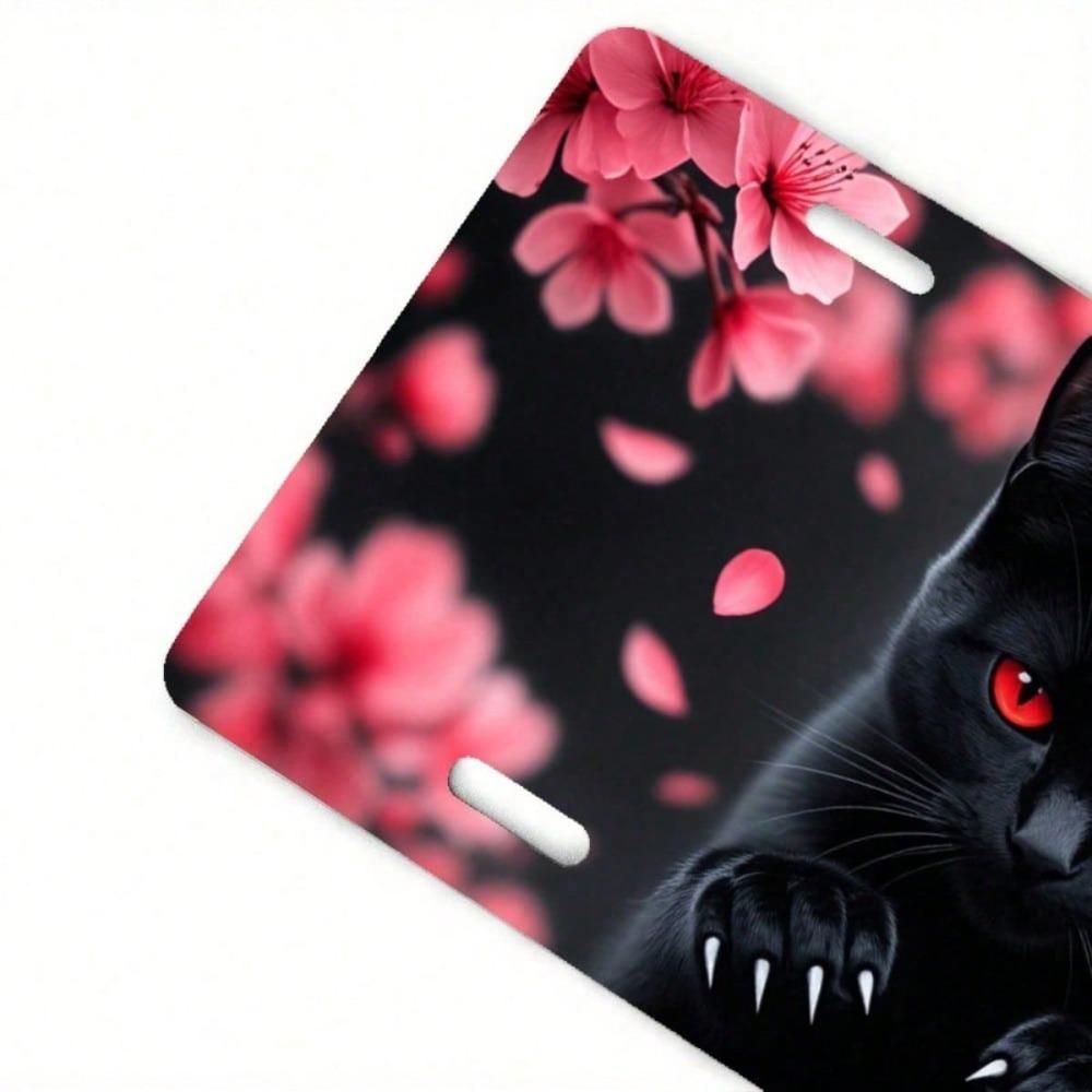 2D Flat Black Cat Red-Eyed Cherry Blossom License Plate Frame, Rustproof Aluminum Front Car Tag Cover, 5.9x11.8in
