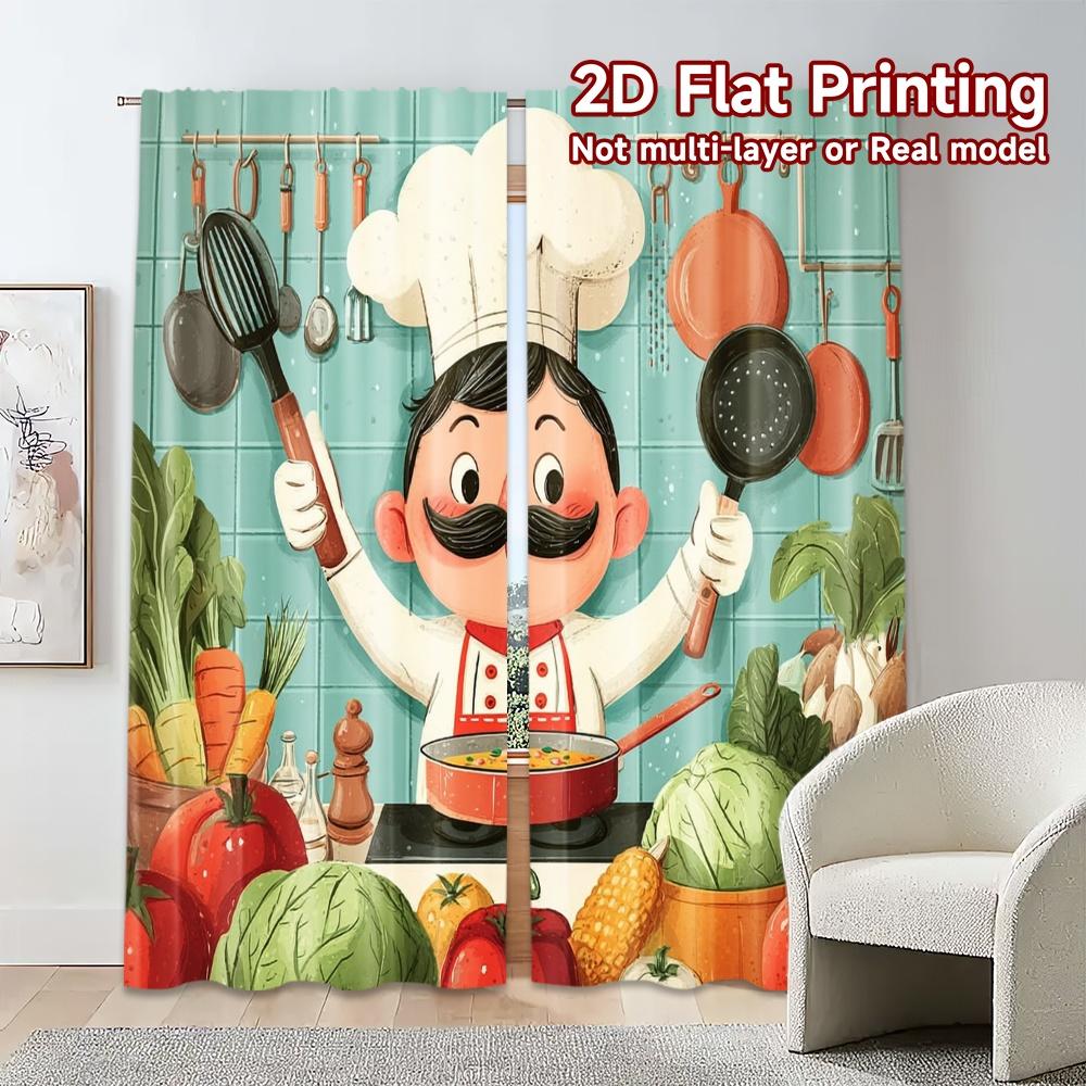 2pcs, 2D FLAT PRINTING Curtains (Without Rod) ChefCookingJoy Chic Curtain Fabric Polyester Easy Install Curtains Decorations