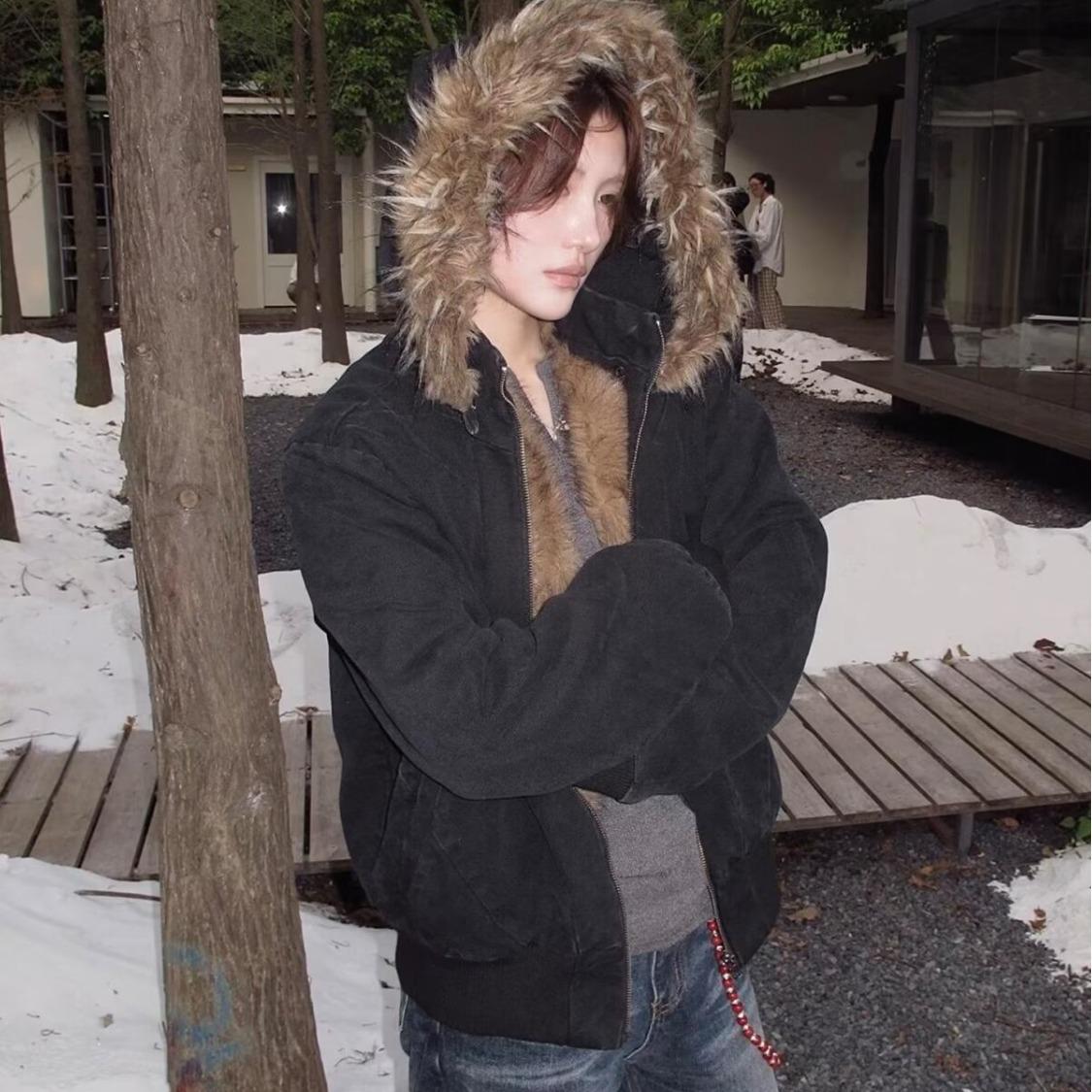 

Unisex Hooded Silver Fox Fur Collar Jacket: Thickened Quilted Cotton Workwear for Autumn/Winter 2XL чорний