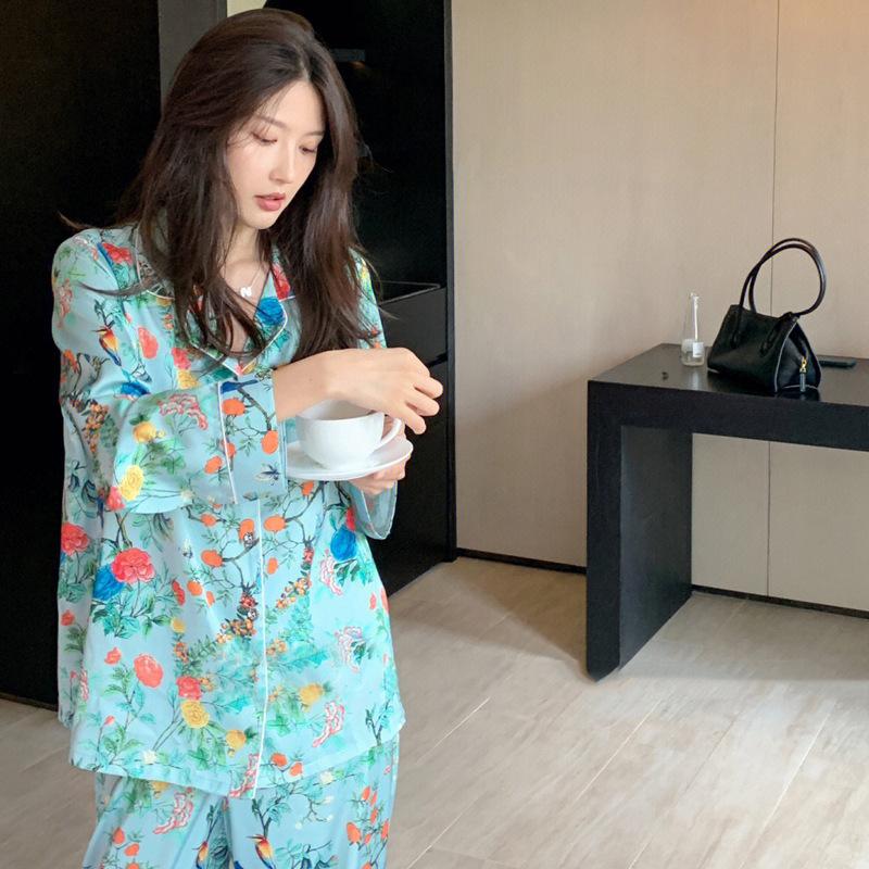 Spring And Summer New High-End Pajamas Women'S High-End Long-Sleeved Trousers Cardigan Loungewear Set Real Shot